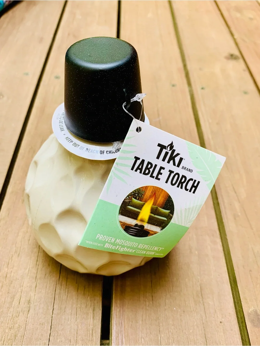Tiki Table Torch - Cream Textured Ceramic with Black Cap